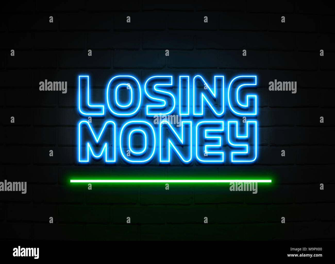 Schlusses Geld Leuchtreklame - glühende Leuchtreklame auf brickwall Wand - 3D-Royalty Free Stock Illustration dargestellt. Stockfoto