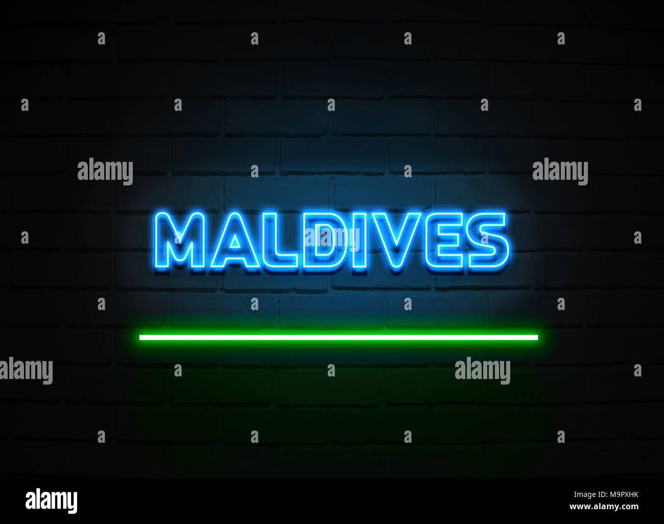 Malediven Leuchtreklame - glühende Leuchtreklame auf brickwall Wand - 3D-Royalty Free Stock Illustration dargestellt. Stockfoto