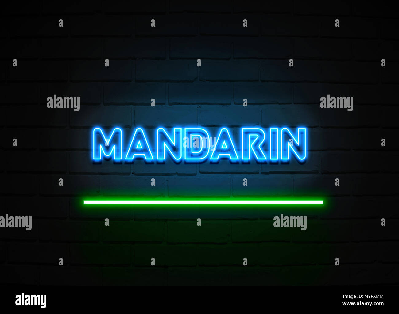 Mandarin Leuchtreklame - glühende Leuchtreklame auf brickwall Wand - 3D-Royalty Free Stock Illustration dargestellt. Stockfoto
