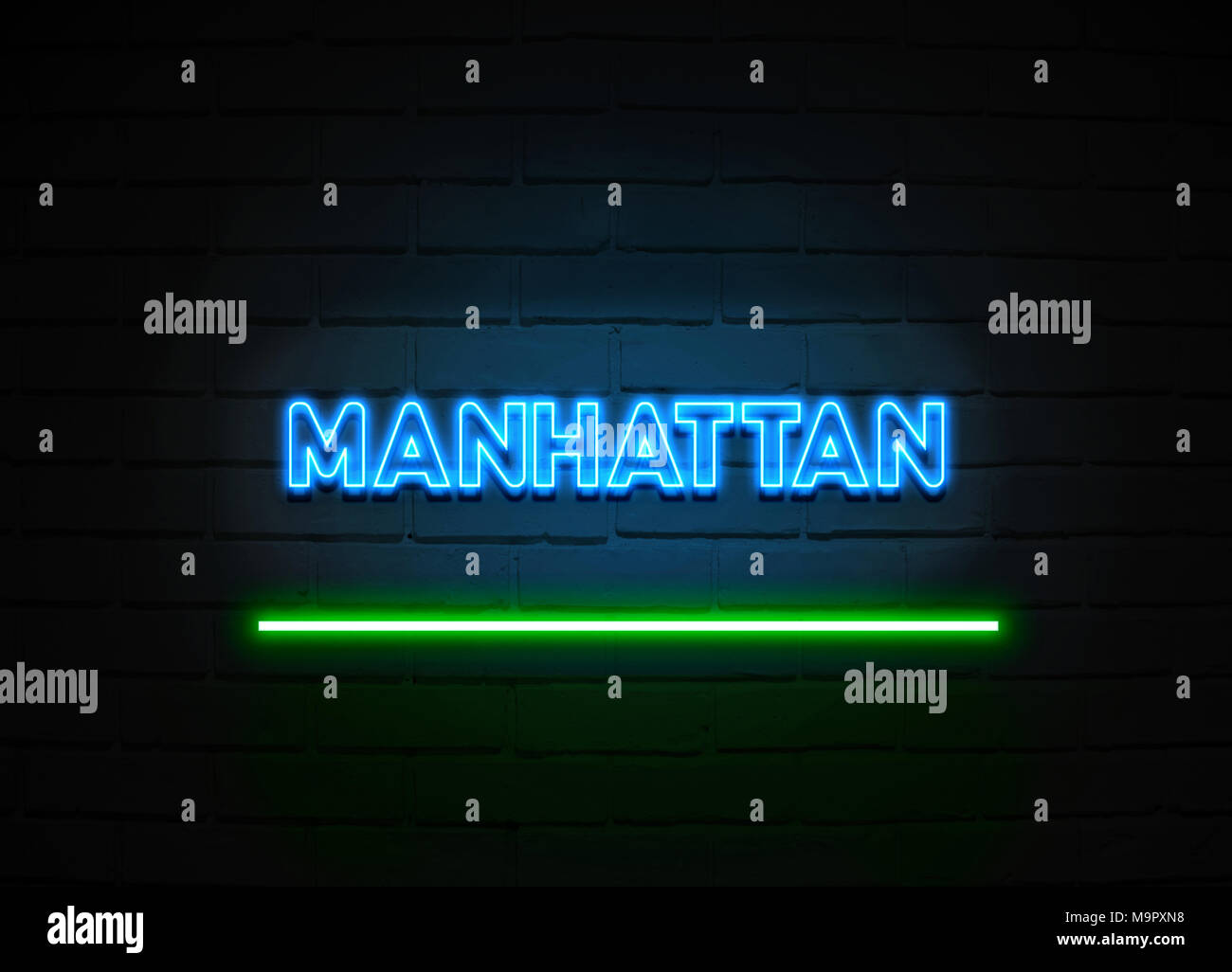 Manhattan Leuchtreklame - glühende Leuchtreklame auf brickwall Wand - 3D-Royalty Free Stock Illustration dargestellt. Stockfoto