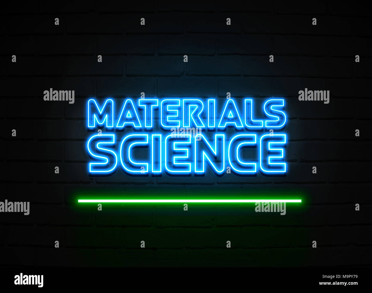 Materialien Wissenschaft Leuchtreklame - glühende Leuchtreklame auf brickwall Wand - 3D-Royalty Free Stock Illustration dargestellt. Stockfoto