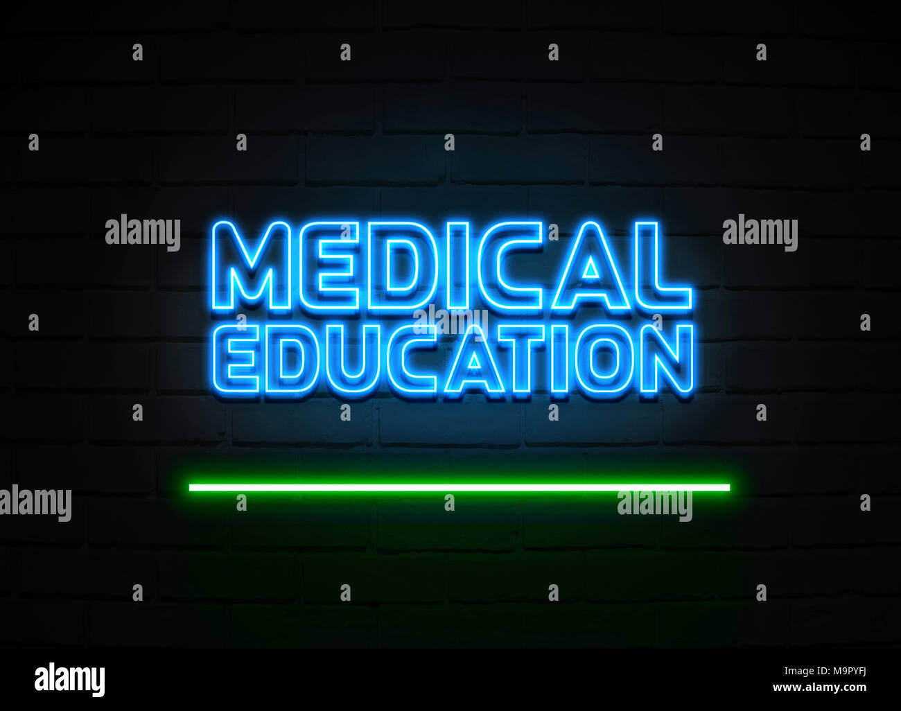 Medizinische Ausbildung Leuchtreklame - glühende Leuchtreklame auf brickwall Wand - 3D-Royalty Free Stock Illustration dargestellt. Stockfoto