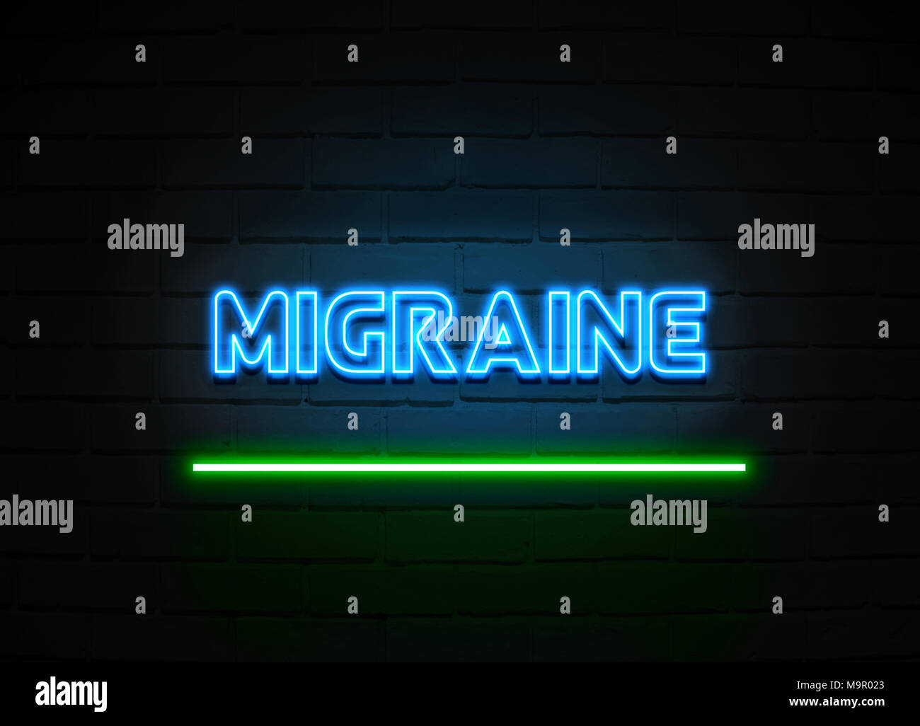 Migräne Leuchtreklame - glühende Leuchtreklame auf brickwall Wand - 3D-Royalty Free Stock Illustration dargestellt. Stockfoto