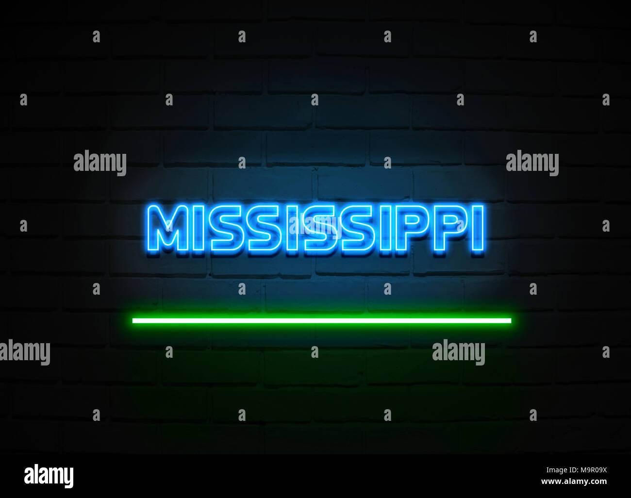 Mississippi Leuchtreklame - glühende Leuchtreklame auf brickwall Wand - 3D-Royalty Free Stock Illustration dargestellt. Stockfoto