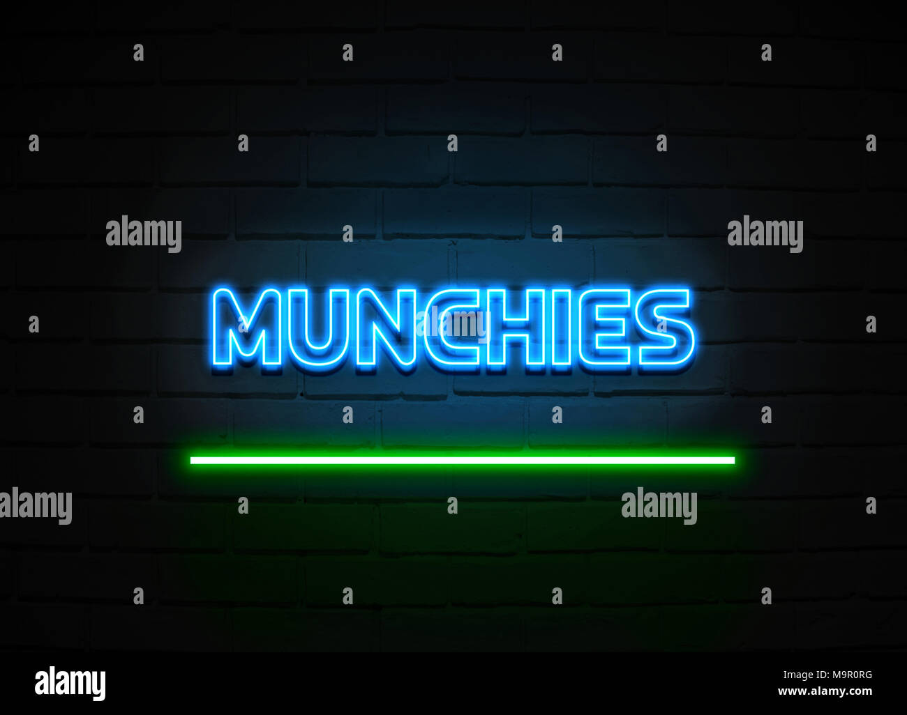 Munchies Leuchtreklame - glühende Leuchtreklame auf brickwall Wand - 3D-Royalty Free Stock Illustration dargestellt. Stockfoto