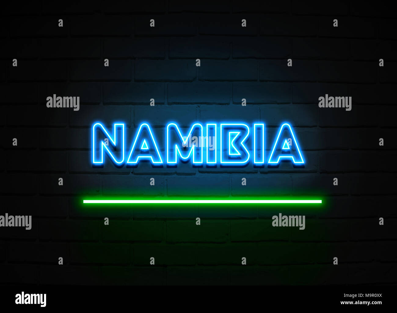 Namibia Leuchtreklame - glühende Leuchtreklame auf brickwall Wand - 3D-Royalty Free Stock Illustration dargestellt. Stockfoto
