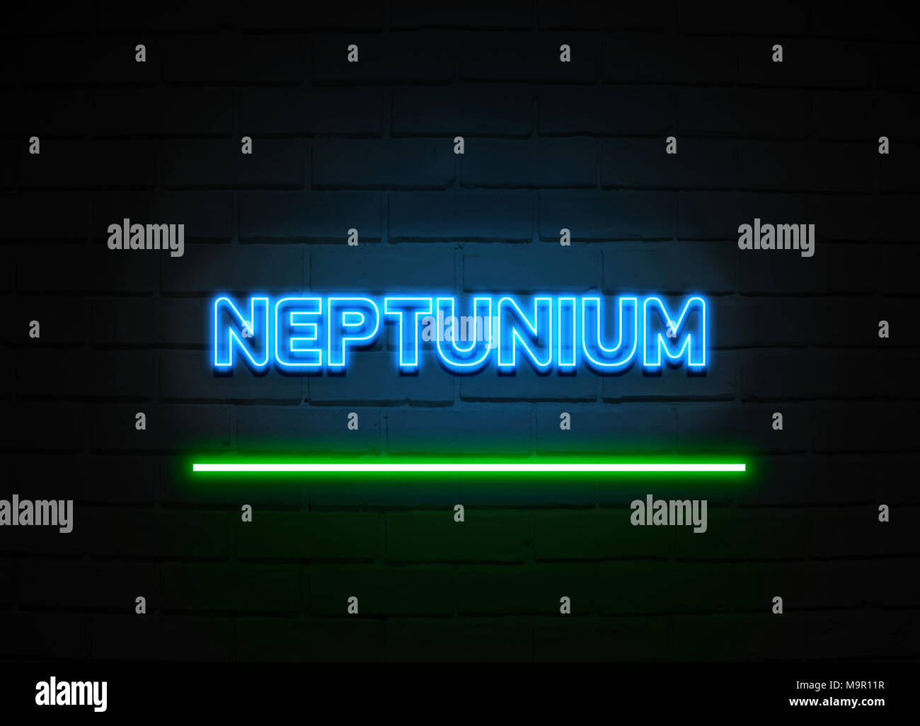Neptunium Leuchtreklame - glühende Leuchtreklame auf brickwall Wand - 3D-Royalty Free Stock Illustration dargestellt. Stockfoto