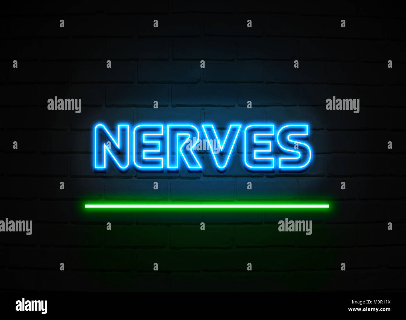 Nerven Leuchtreklame - glühende Leuchtreklame auf brickwall Wand - 3D-Royalty Free Stock Illustration dargestellt. Stockfoto