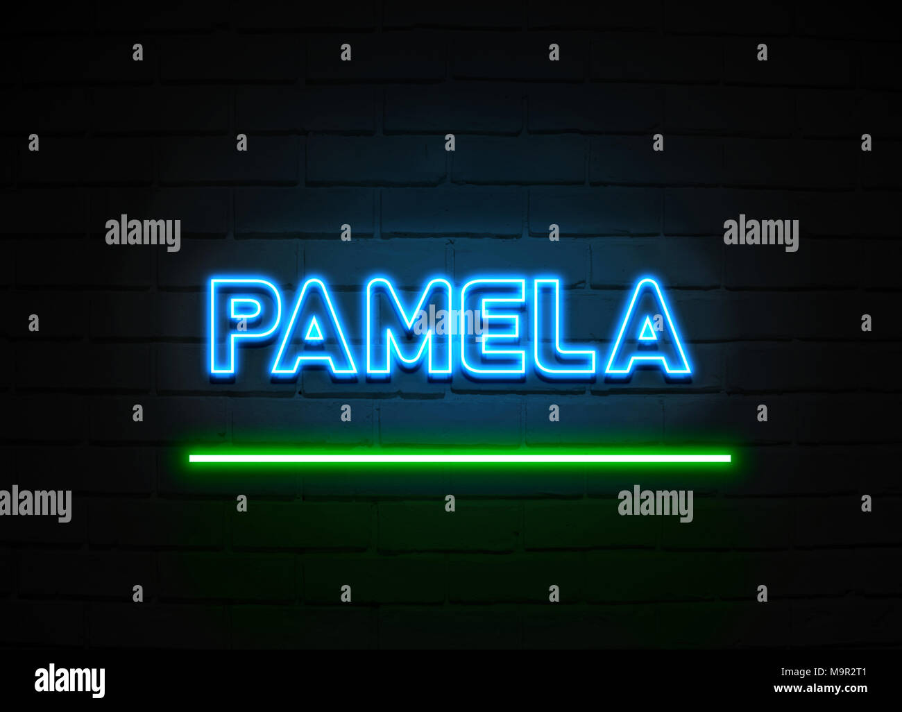 Pamela Leuchtreklame - glühende Leuchtreklame auf brickwall Wand - 3D-Royalty Free Stock Illustration dargestellt. Stockfoto