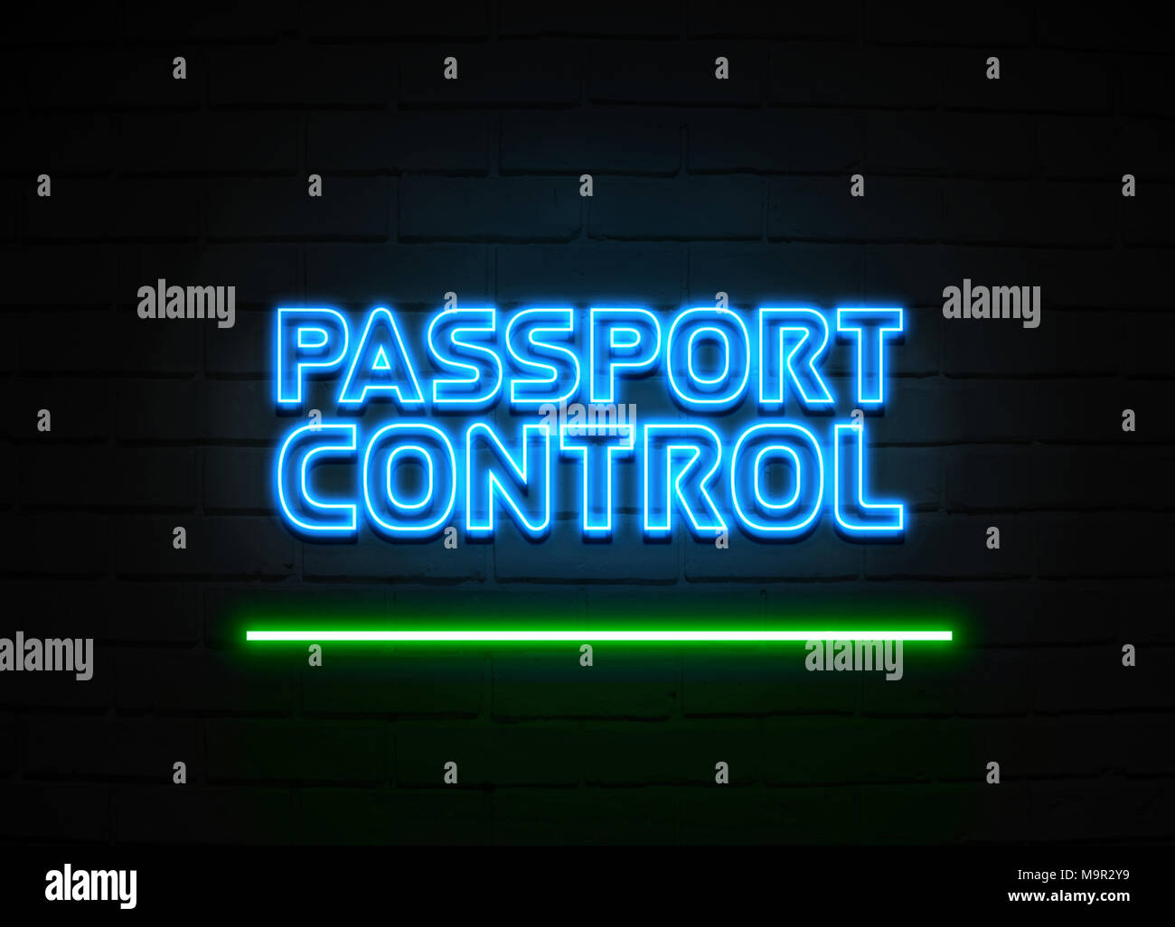 Passkontrolle Leuchtreklame - glühende Leuchtreklame auf brickwall Wand - 3D-Royalty Free Stock Illustration dargestellt. Stockfoto