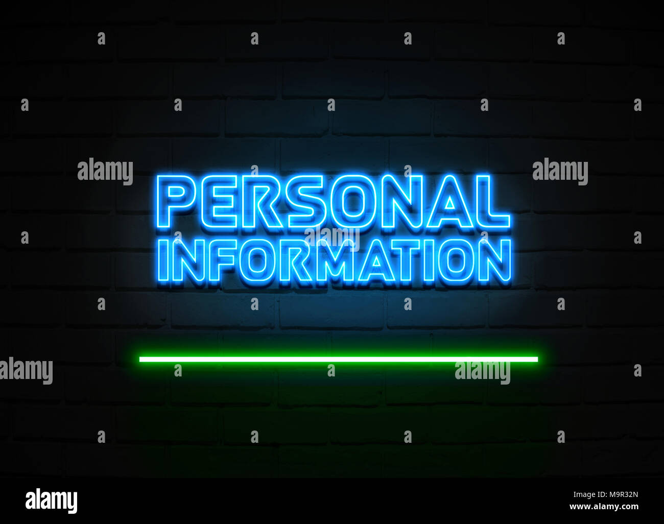 Persönliche Informationen Leuchtreklame - glühende Leuchtreklame auf brickwall Wand - 3D-Royalty Free Stock Illustration dargestellt. Stockfoto