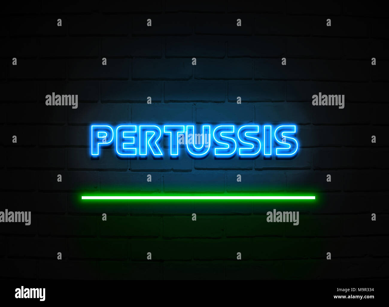 Pertussis Leuchtreklame - glühende Leuchtreklame auf brickwall Wand - 3D-Royalty Free Stock Illustration dargestellt. Stockfoto