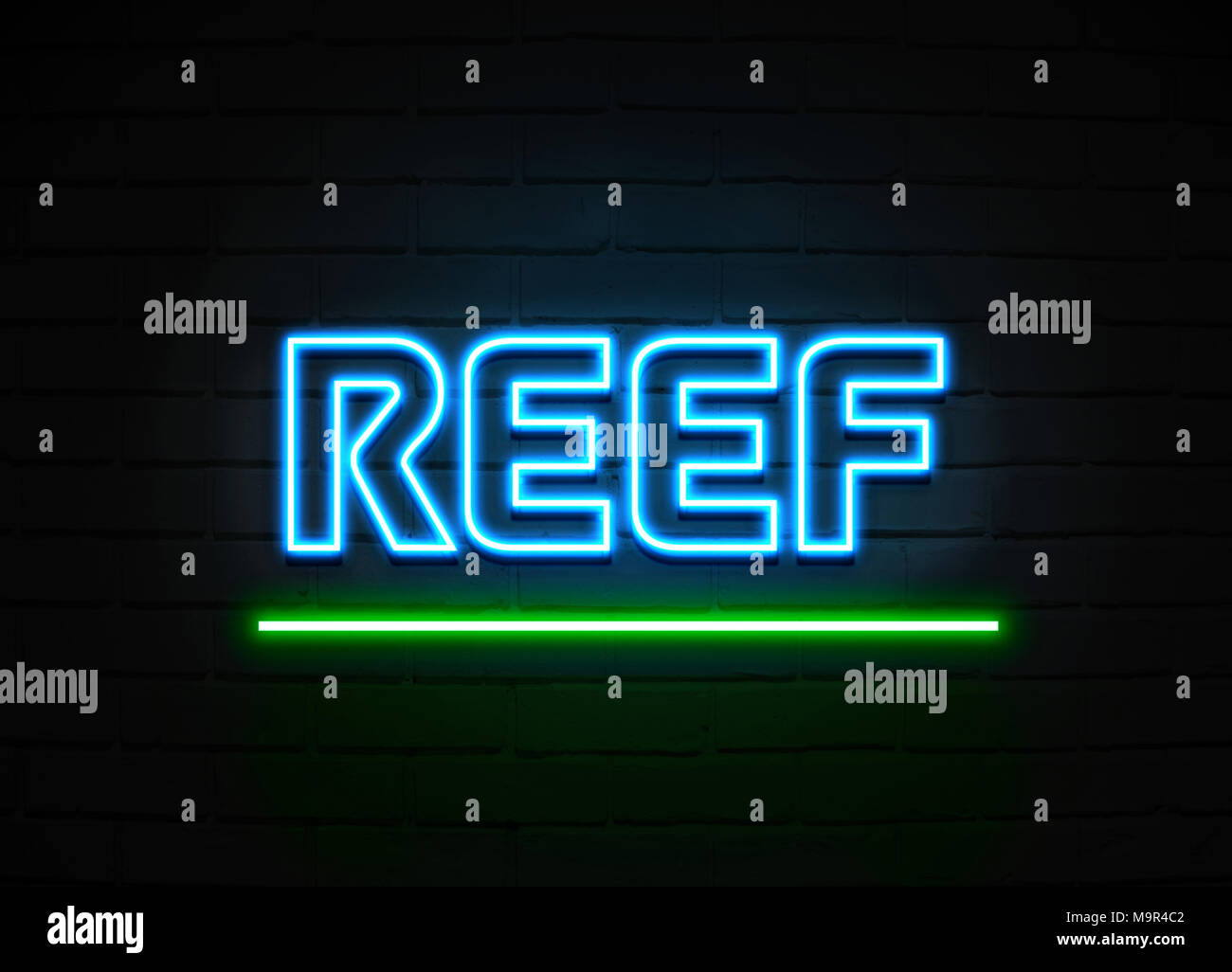 Reef Leuchtreklame - glühende Leuchtreklame auf brickwall Wand - 3D-Royalty Free Stock Illustration dargestellt. Stockfoto