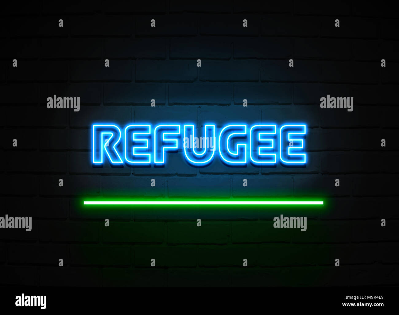 Flüchtling Leuchtreklame - glühende Leuchtreklame auf brickwall Wand - 3D-Royalty Free Stock Illustration dargestellt. Stockfoto