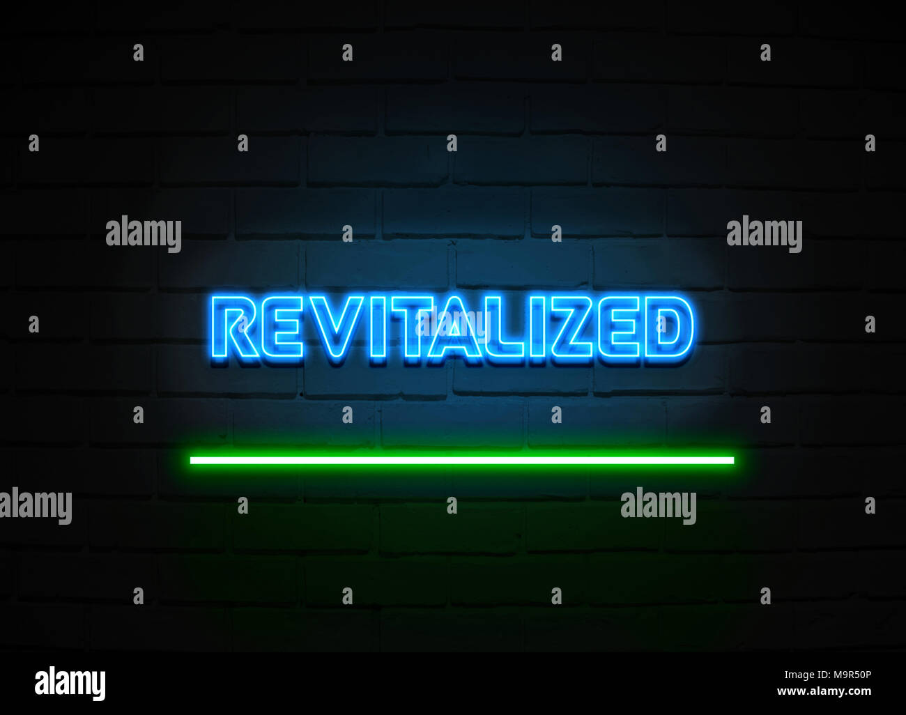 Revitalisierte Leuchtreklame - glühende Leuchtreklame auf brickwall Wand - 3D-Royalty Free Stock Illustration dargestellt. Stockfoto