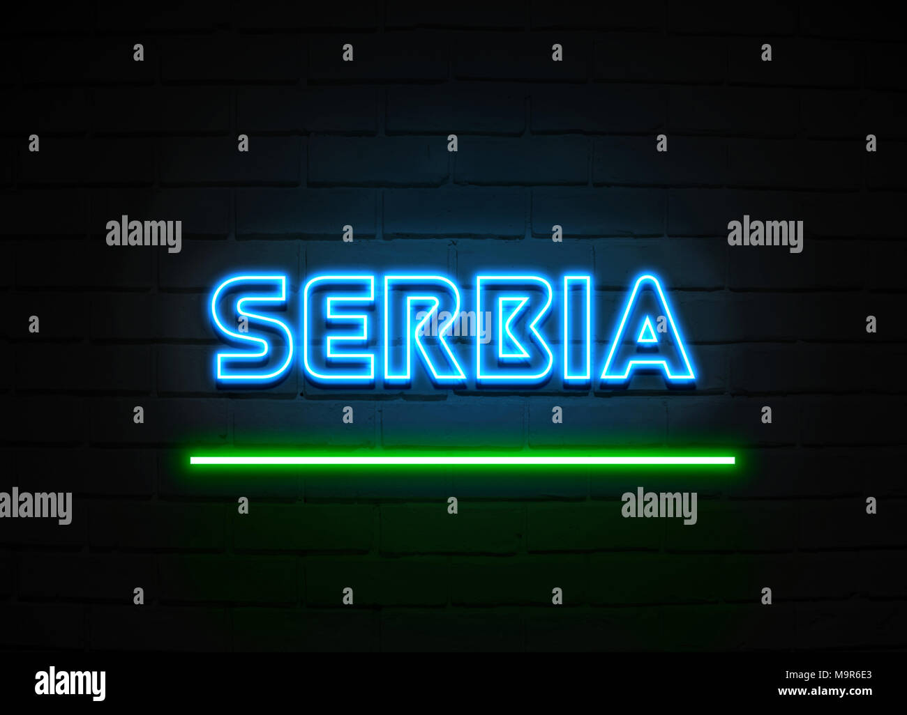 Serbien Leuchtreklame - glühende Leuchtreklame auf brickwall Wand - 3D-Royalty Free Stock Illustration dargestellt. Stockfoto