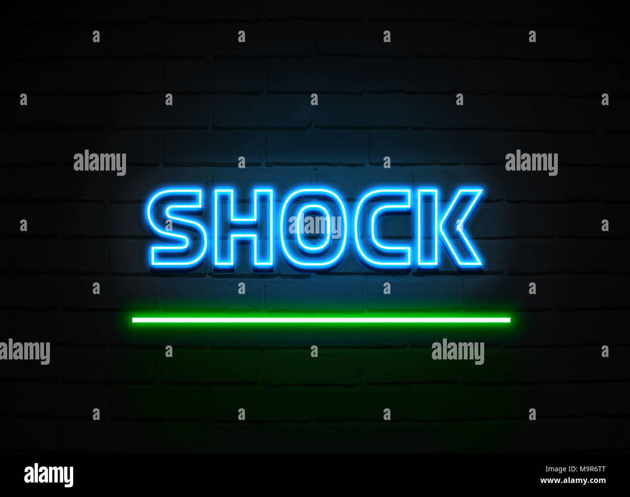Schock Leuchtreklame - glühende Leuchtreklame auf brickwall Wand - 3D-Royalty Free Stock Illustration dargestellt. Stockfoto