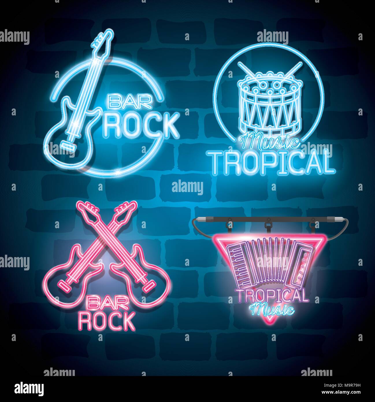 Musikinstrumente mit Neonlicht gesetzt Symbole Stock Vektor