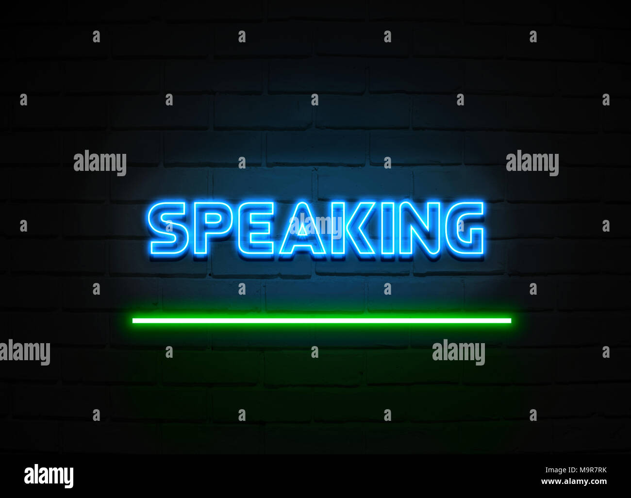 Sprechen Leuchtreklame - glühende Leuchtreklame auf brickwall Wand - 3D-Royalty Free Stock Illustration dargestellt. Stockfoto