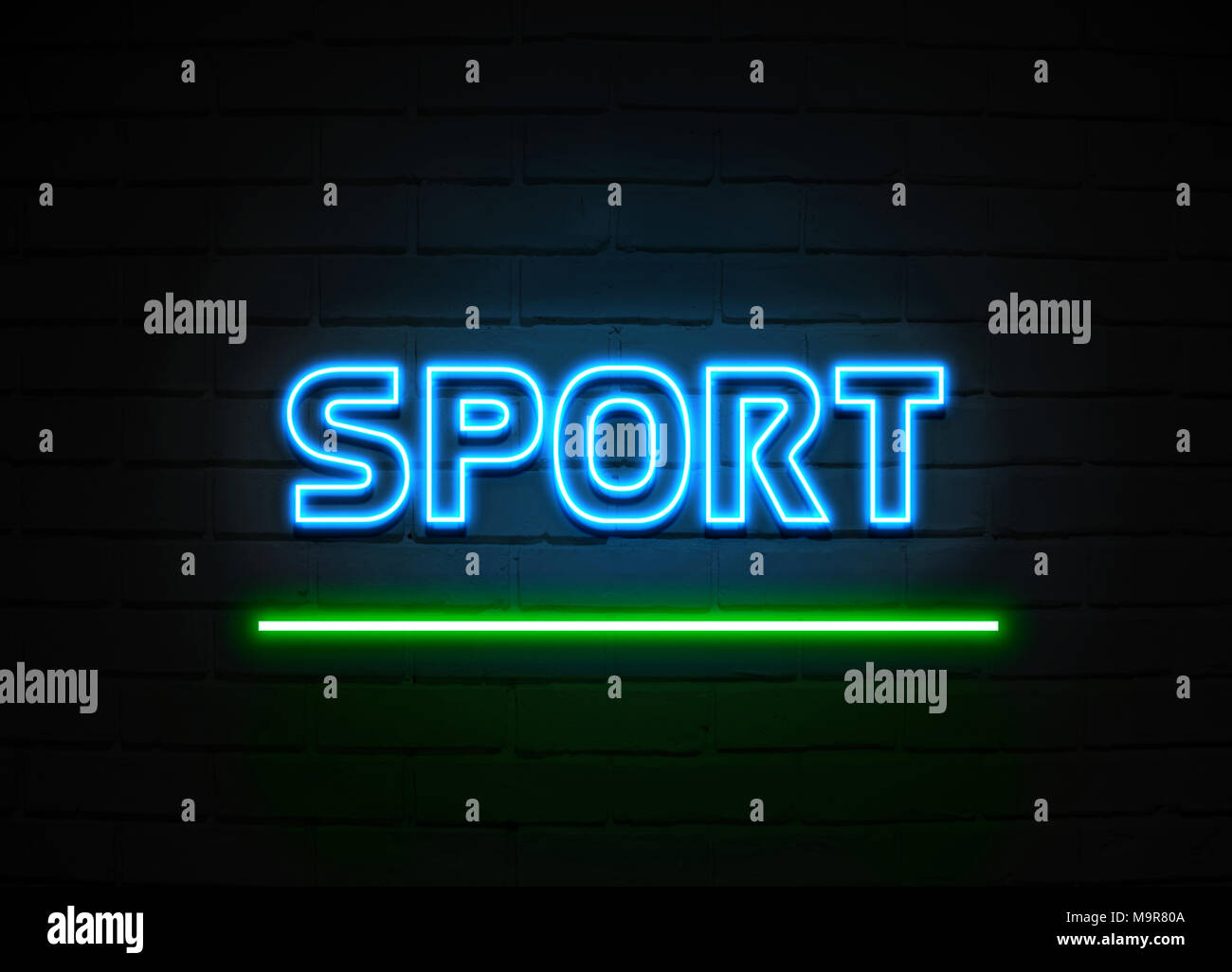 Sport Leuchtreklame - glühende Leuchtreklame auf brickwall Wand - 3D-Royalty Free Stock Illustration dargestellt. Stockfoto