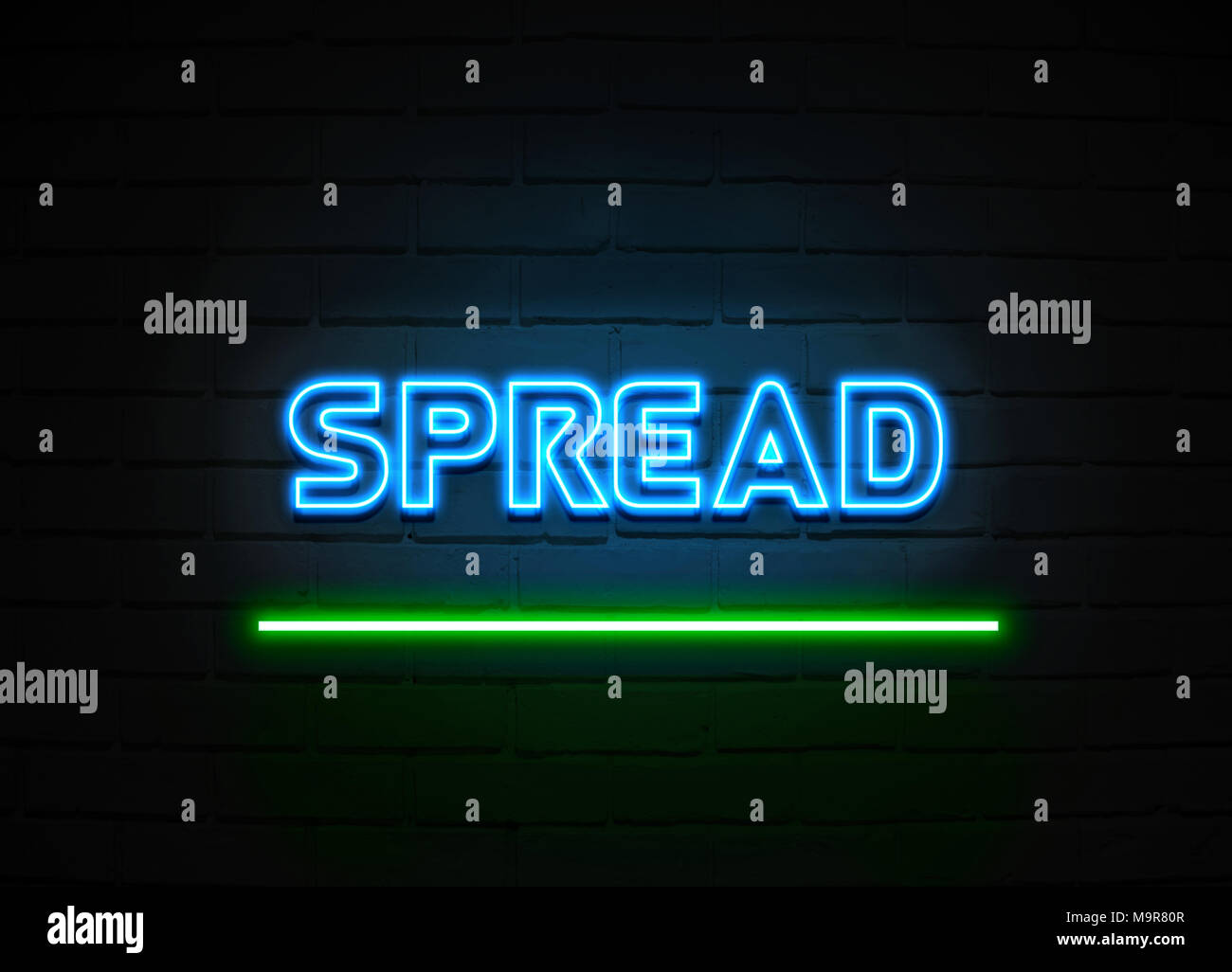 Verbreitung Leuchtreklame - glühende Leuchtreklame auf brickwall Wand - 3D-Royalty Free Stock Illustration dargestellt. Stockfoto