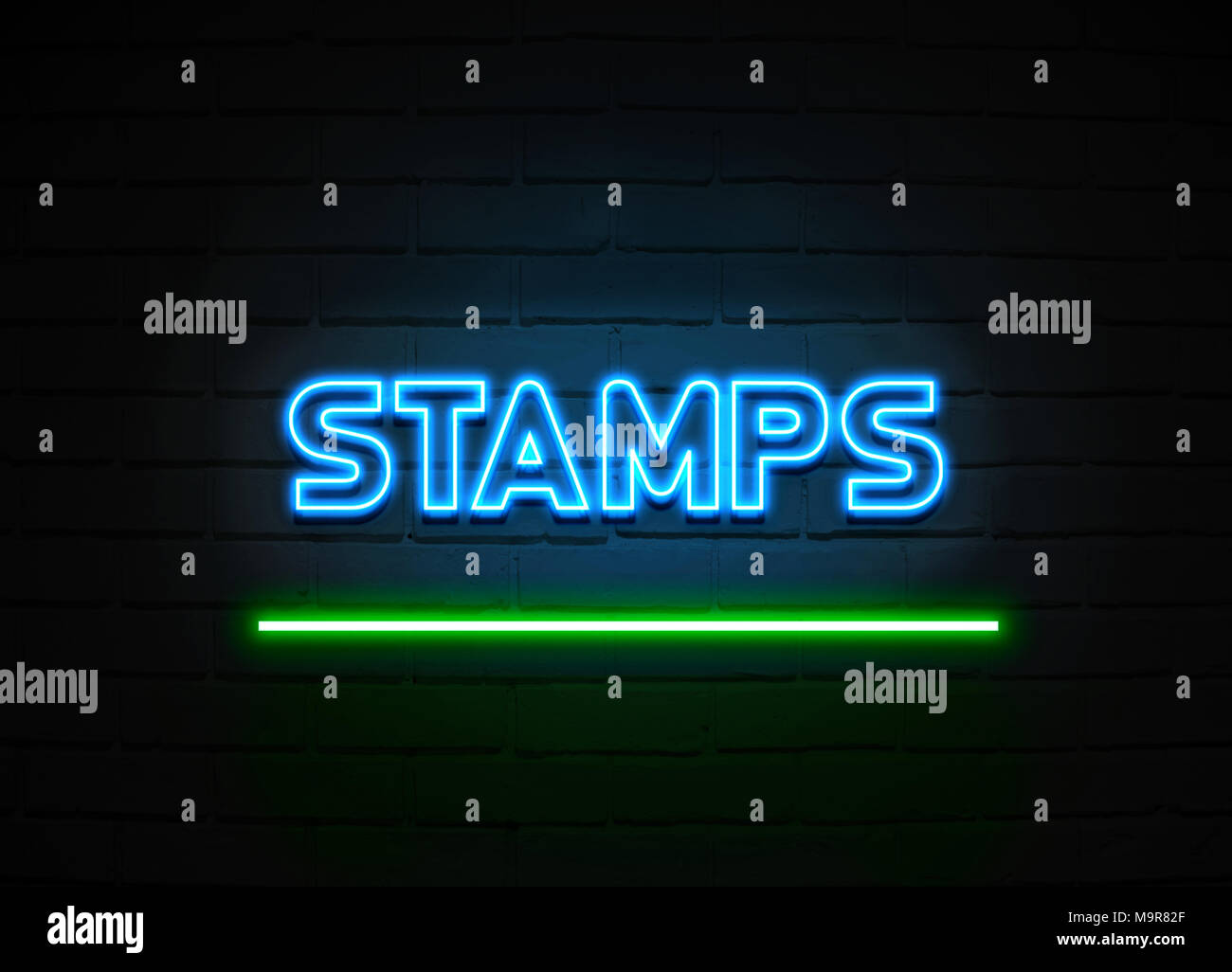 Briefmarken Leuchtreklame - glühende Leuchtreklame auf brickwall Wand - 3D-Royalty Free Stock Illustration dargestellt. Stockfoto