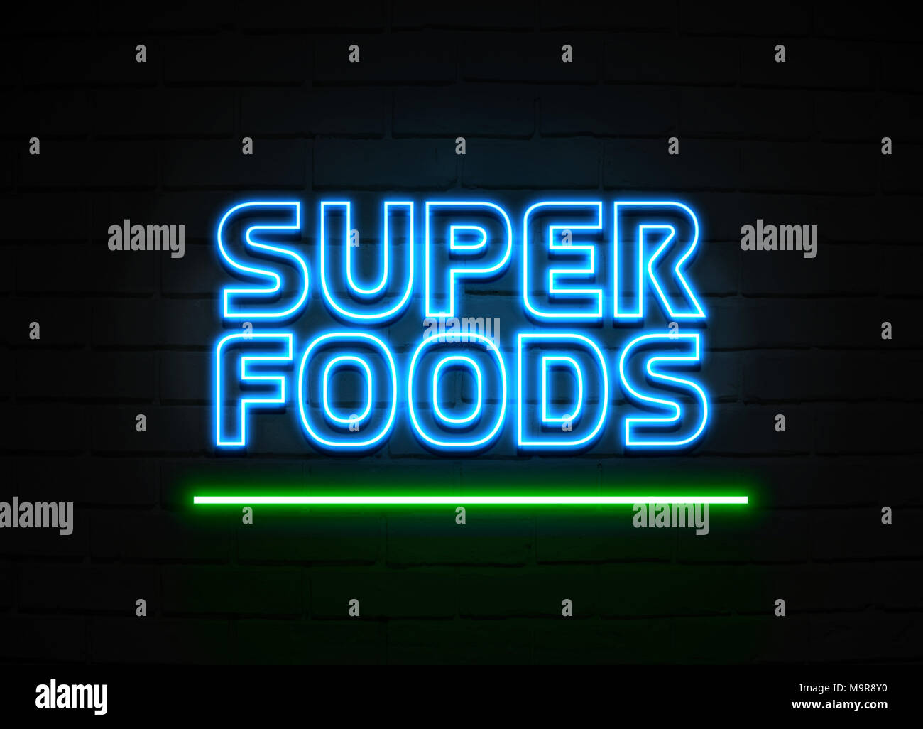 Super Foods Leuchtreklame - glühende Leuchtreklame auf brickwall Wand - 3D-Royalty Free Stock Illustration dargestellt. Stockfoto