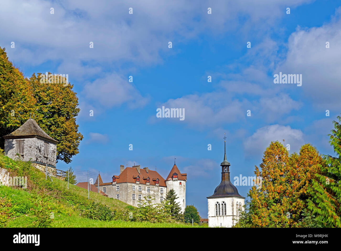 Europa, Schweiz, Freiburg, Greyerzer Käse, Rlle Des Chevaliers, Kirchturm, église Saint Théodule, Schloss, Schloss Gruyère, Architektur Stockfoto