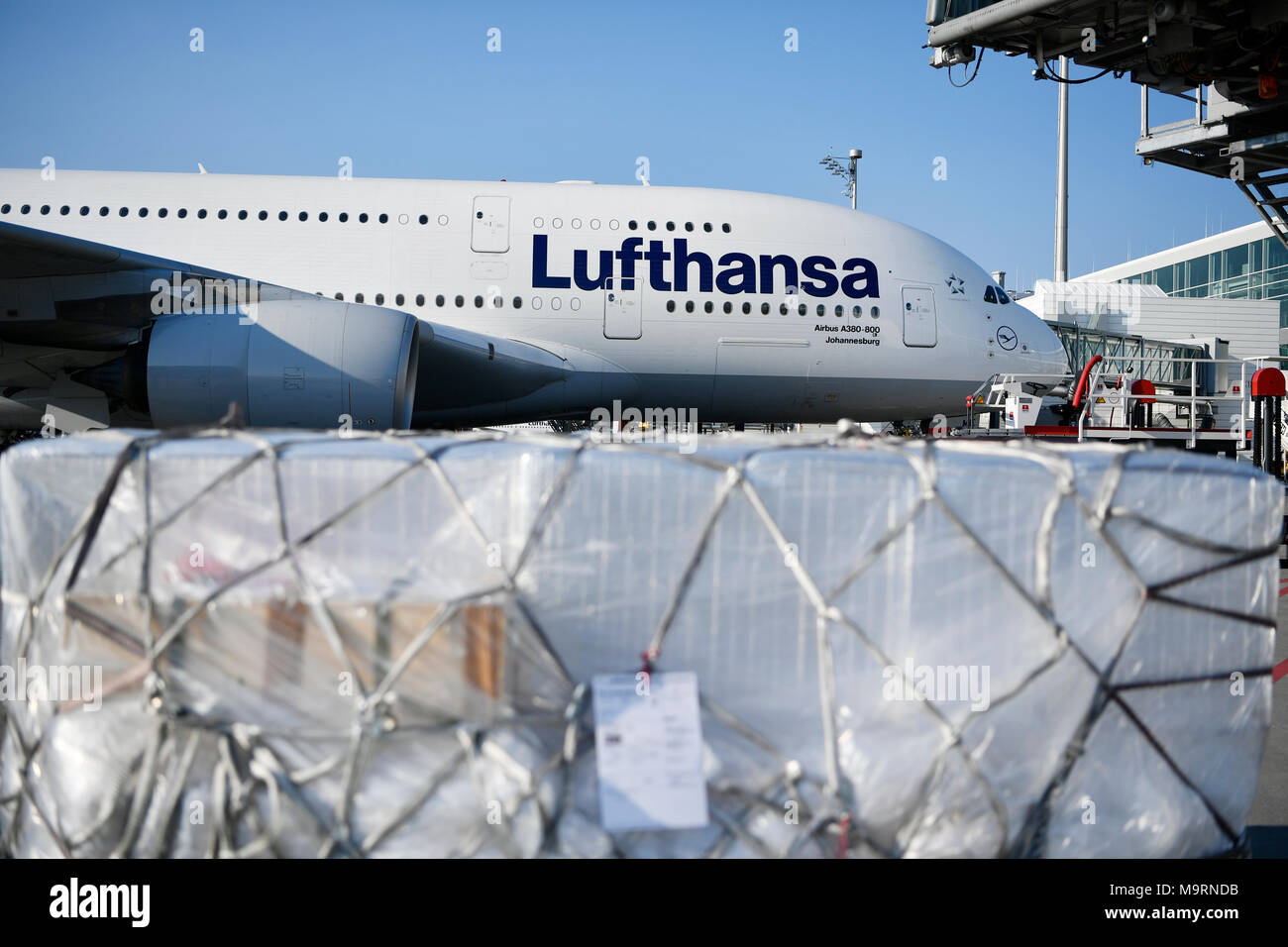 Lufthansa, Airbus A380-800, A380, 800, Flughafen, München, Roll-, In-, Out, Start, der Nehmen, Terminal 1, Terminal 2, Turm, Satellit, drücken zurück Lkw, MUC, Stockfoto