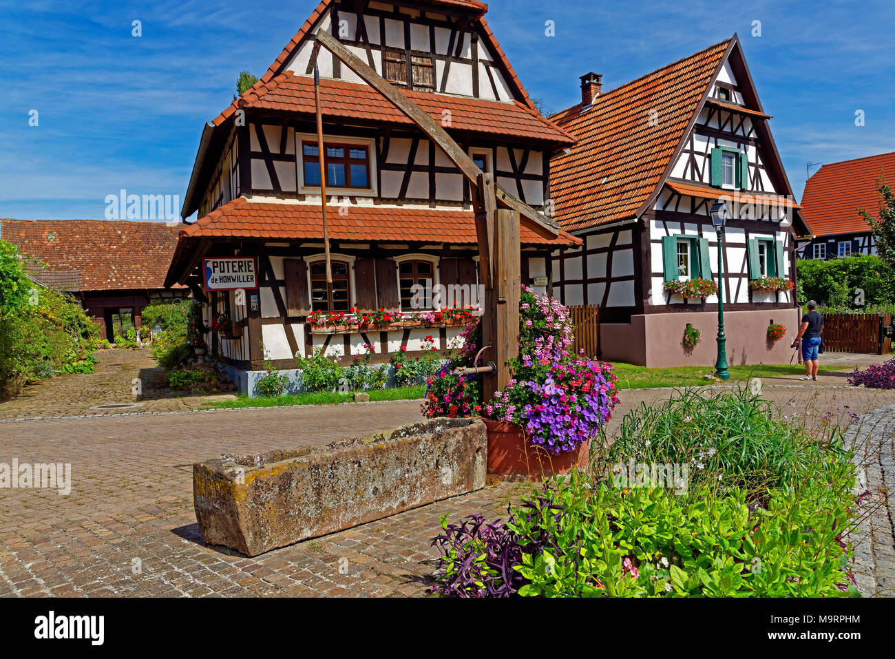 Europa, Frankreich, Rhein, Bas (Elsass), Soultz-sous-Forêts, Rue Principale Hohwiller, Gebäude, gut, Blumen, historisch, Poterie, Keramik, Pflanzen Stockfoto