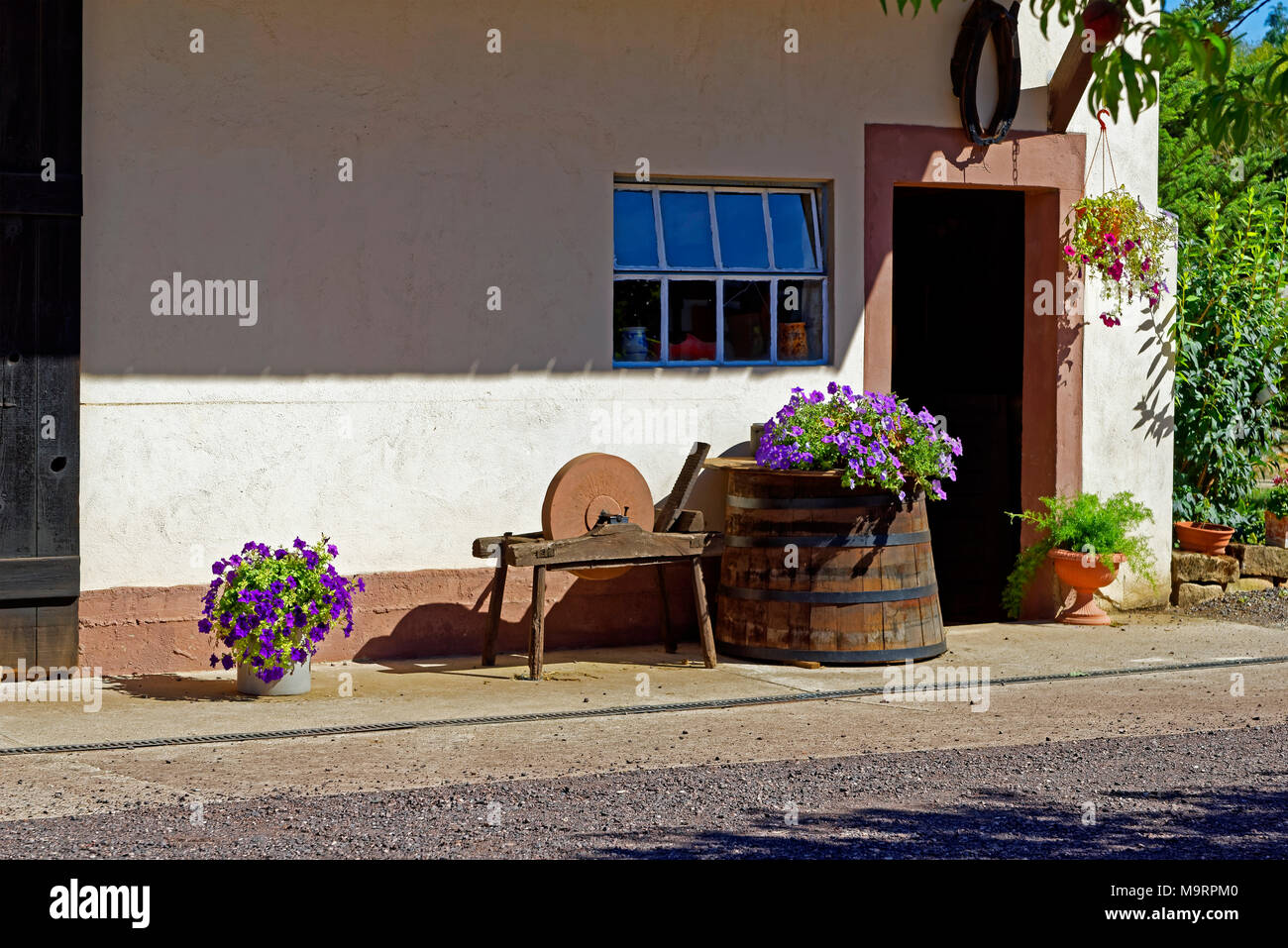 Europa, Frankreich, Rhein, Bas (Elsass), Soultz-sous-Forêts, Rue Principale Hohwiller, Blumen, Geräte, Alte, Dekorationen, Detail, Blumen, Fenster, d Stockfoto