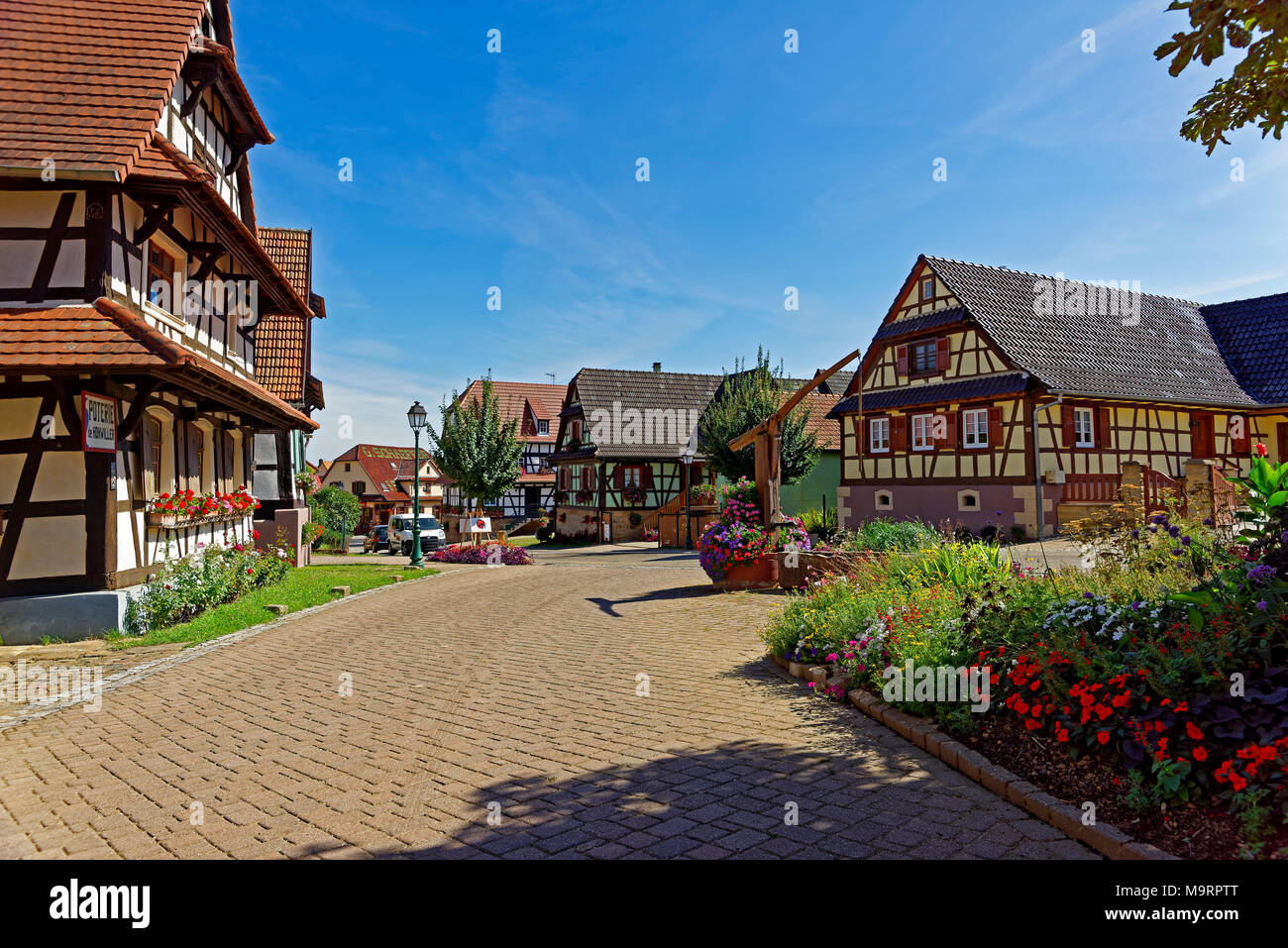 Europa, Frankreich, Rhein, Bas (Elsass), Soultz-sous-Forêts, Rue Principale Hohwiller, Gebäude, gut, Blumen, historisch, Poterie, Keramik, Pflanzen Stockfoto
