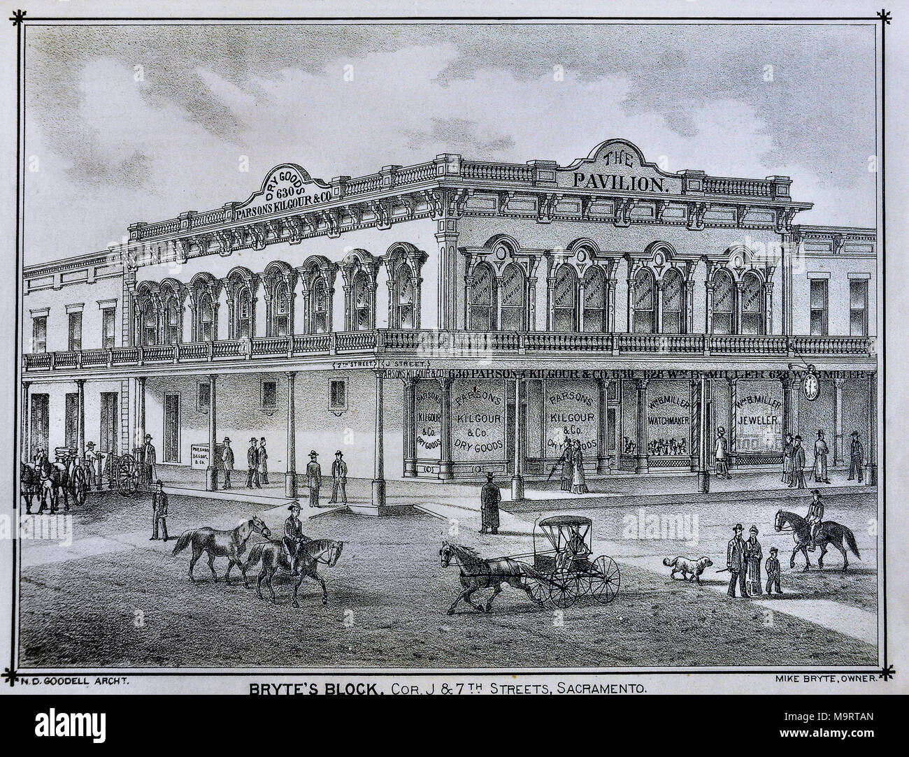 Sacramento County California - 1880 - Thompson & West Print-Pavillon und Parson & Kilgour trockene Ware Store auf bryte's Block in Downtown Historic Sacramento Stockfoto