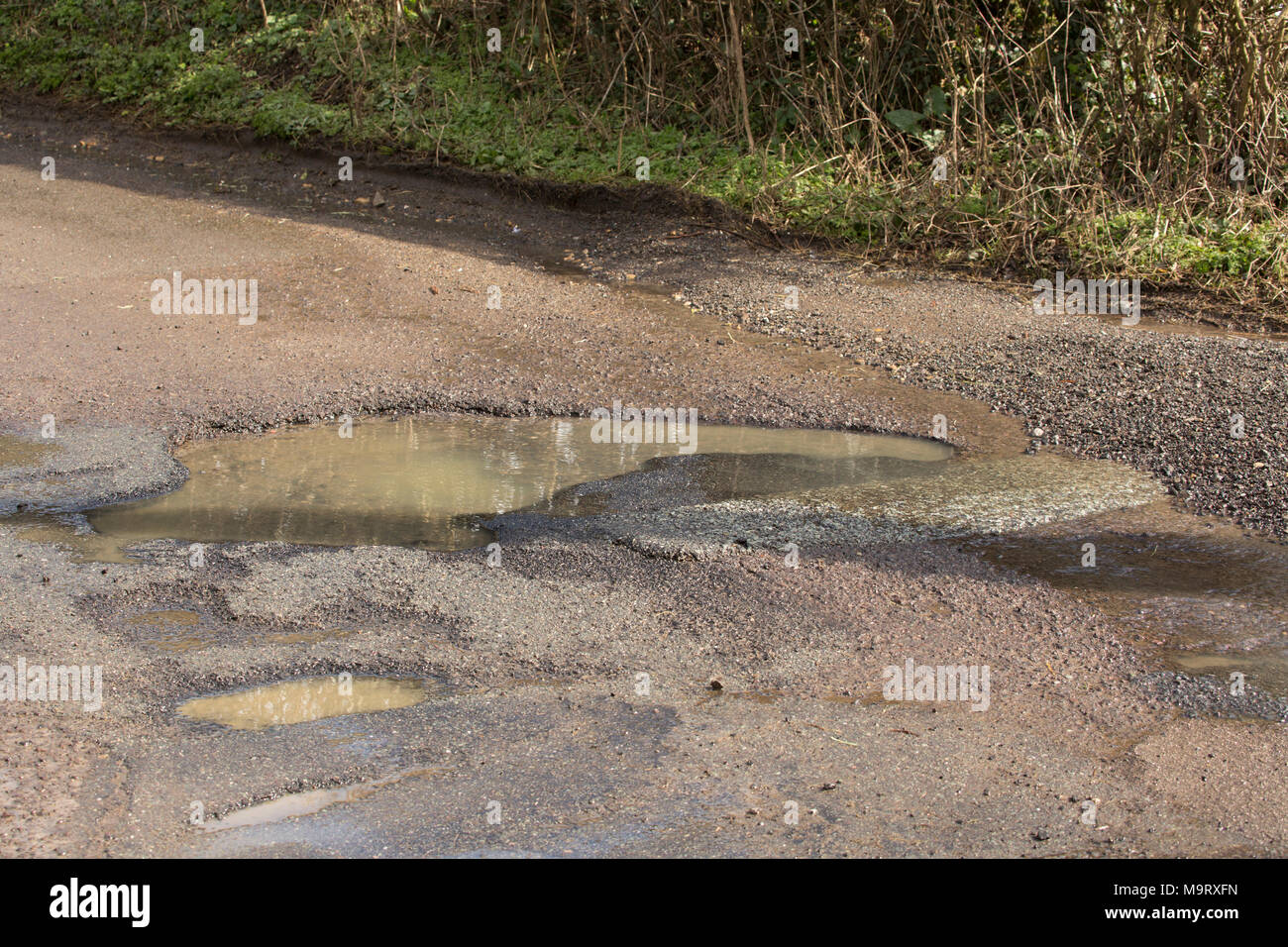 Schlaglöcher mit upwelling Wasser unter der Straße nach dem Regen, der auf einem Feldweg in North Dorset UK entwickelt haben. Stockfoto