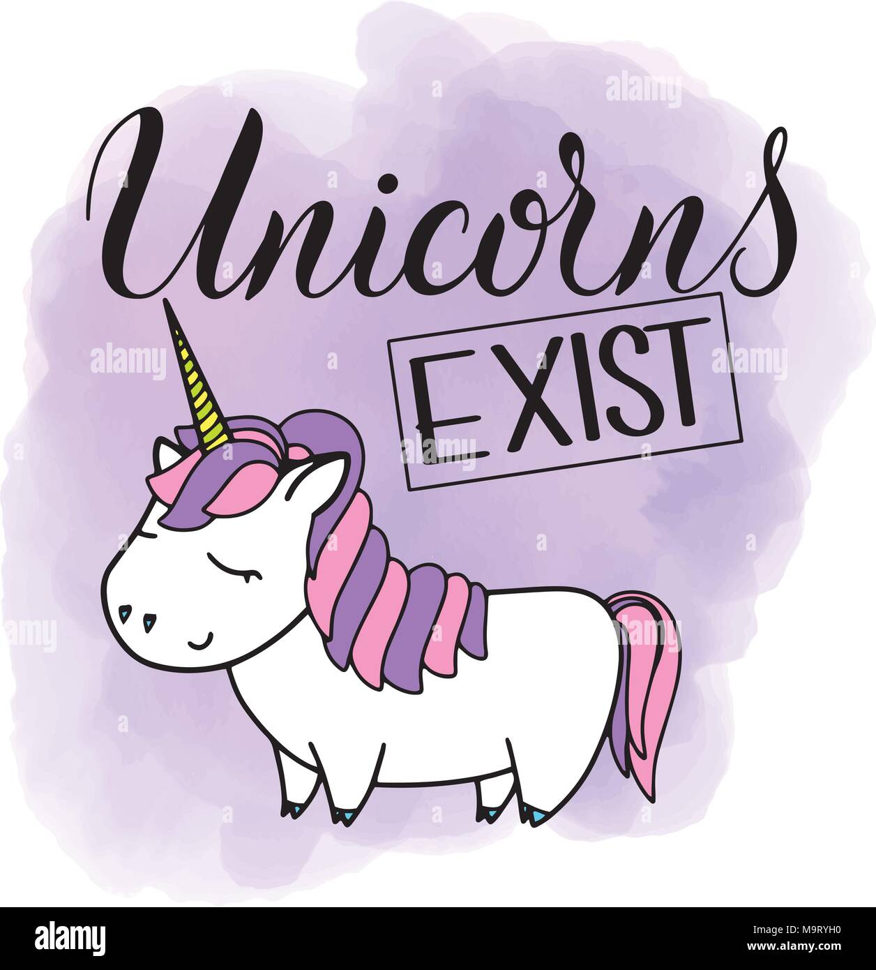 Einhorn süß Vektor Schriftzug und Illustration. Einhörner existieren