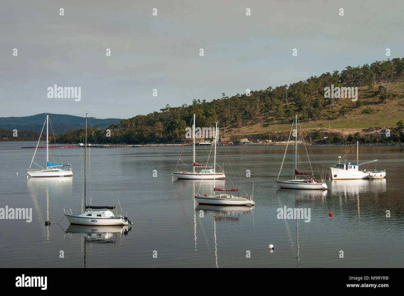 Boote im Huon River verankert, südliche Tasmanien, Australien Stockfoto