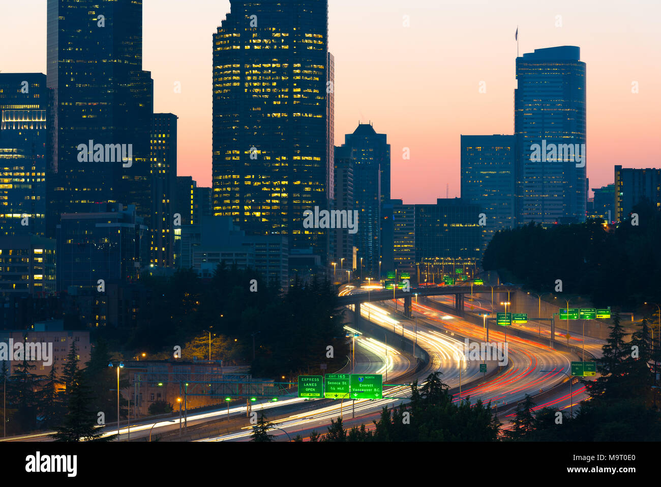 Der Interstate 5 und Downtown, Seattle, Washington State, USA Stockfoto