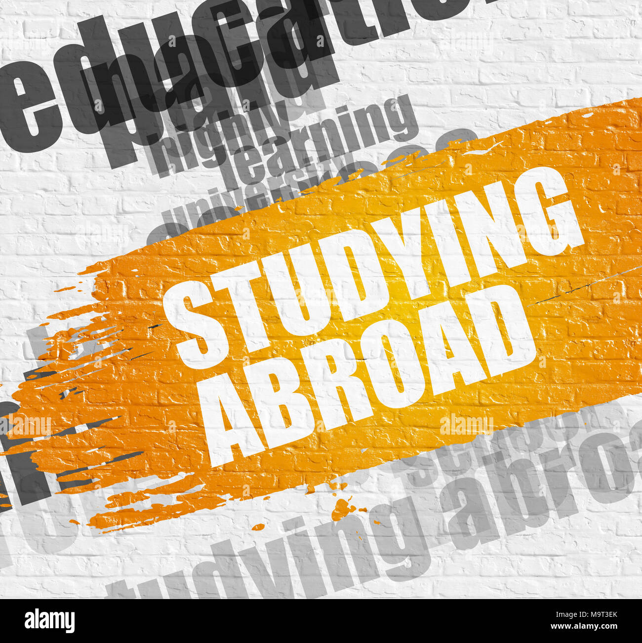 Studieren im Ausland auf Brickwall. Stockfoto