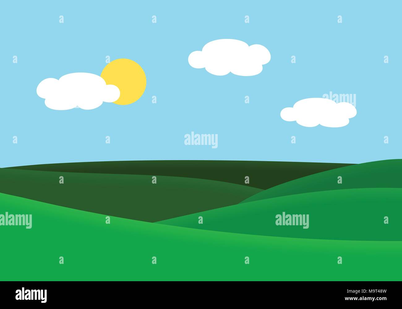 Flaches Design Abbildung: Landschaft mit Wiese und Hügel unter blauen Himmel mit Sonne und Wolken - Vektor Stock Vektor