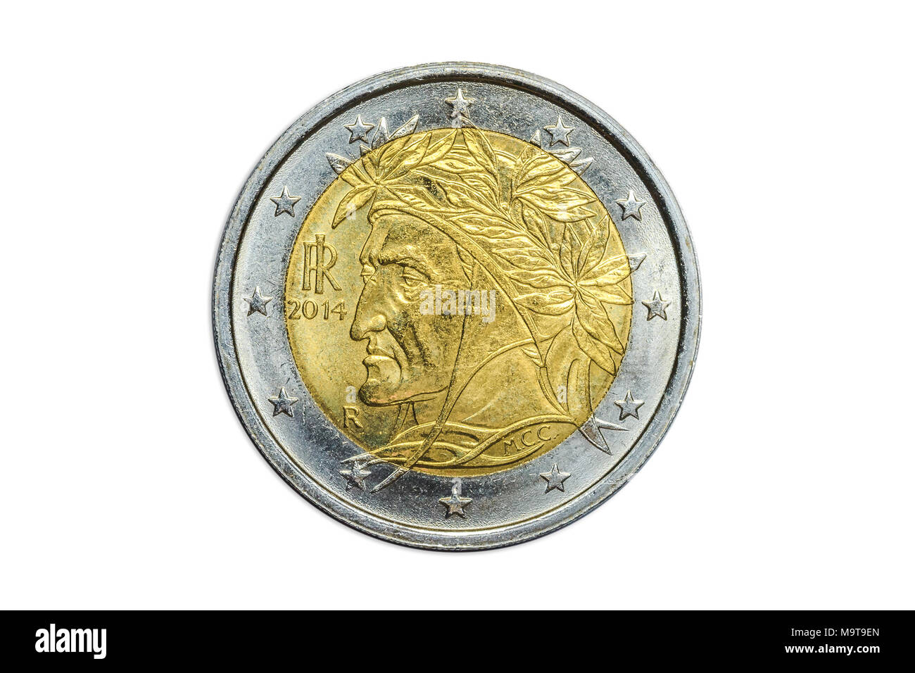 Italienische Münze von zwei Euro closeup mit Symbol: berühmte Dichter Dante Alighieri von Florenz in Italien. Auf weissem studio Hintergrund isoliert. Kopf der Seite. Stockfoto
