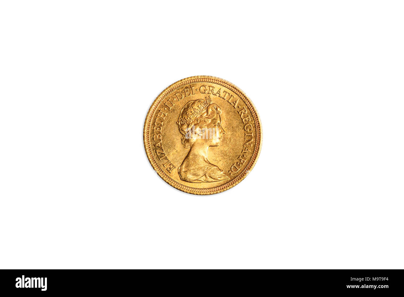 Großbritannien eine Gold Medaille der britischen Pfund GBP, englisch Währung, das in der Nähe des Kopfes Seite von Königin Elizabeth II. Sterling von 1976. Auf weissem studio Hintergrund isoliert. Stockfoto
