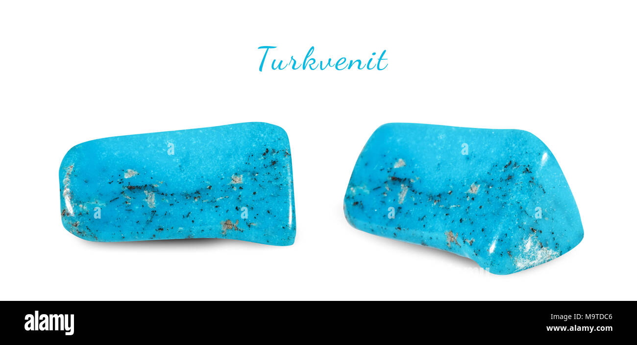 Makroaufnahmen von natürlichen Edelstein. Natürliche mineralische Edelstein - turkvenit - Blue howlite Edelstein. Isoliertes Objekt auf einem weißen Hintergrund. Stockfoto