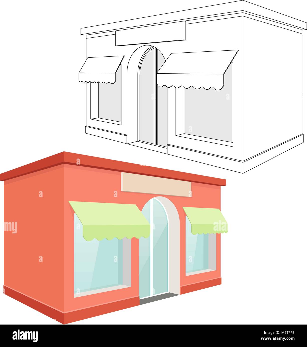 Store Front. Rot 3D-Gebäude und Kontur zeichnen Stock Vektor