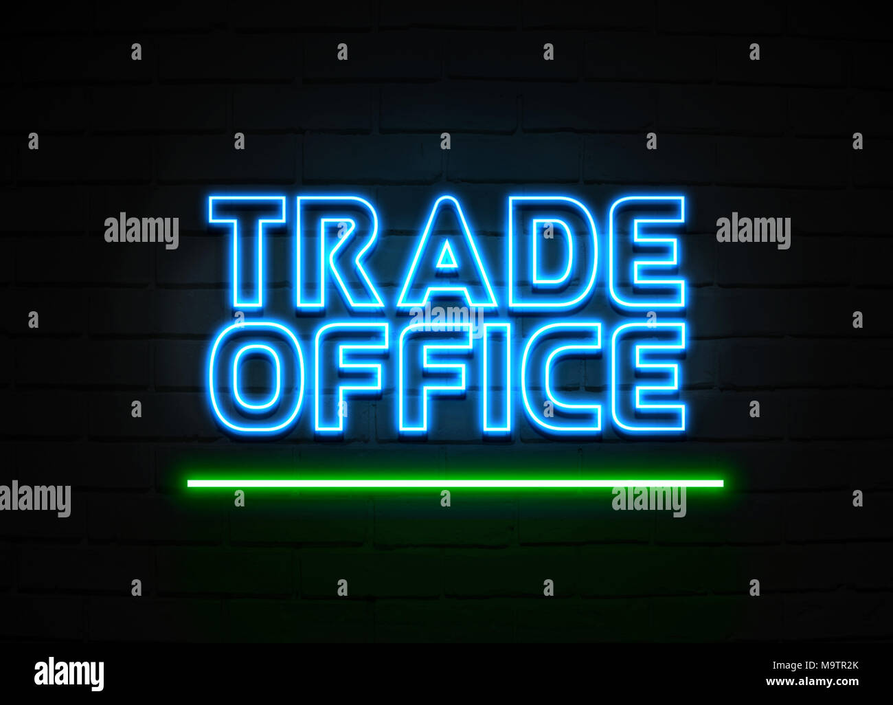 Handel Büro Leuchtreklame - glühende Leuchtreklame auf brickwall Wand - 3D-Royalty Free Stock Illustration dargestellt. Stockfoto