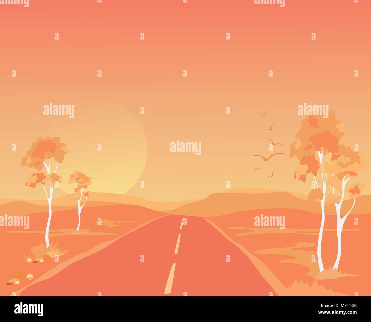 Eine Abbildung eines australischen Outback Landschaft bei Sonnenuntergang mit Eukalyptusbäumen und eine einsame Straße durch die Berge, gebadet in orangefarbenes Licht Stock Vektor