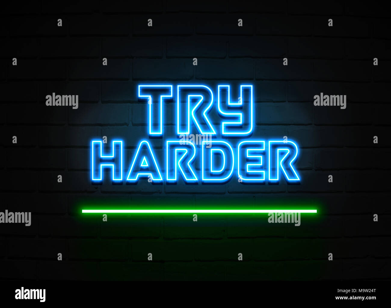 Try Harder Leuchtreklame - glühende Leuchtreklame auf brickwall Wand - 3D-Royalty Free Stock Illustration dargestellt. Stockfoto