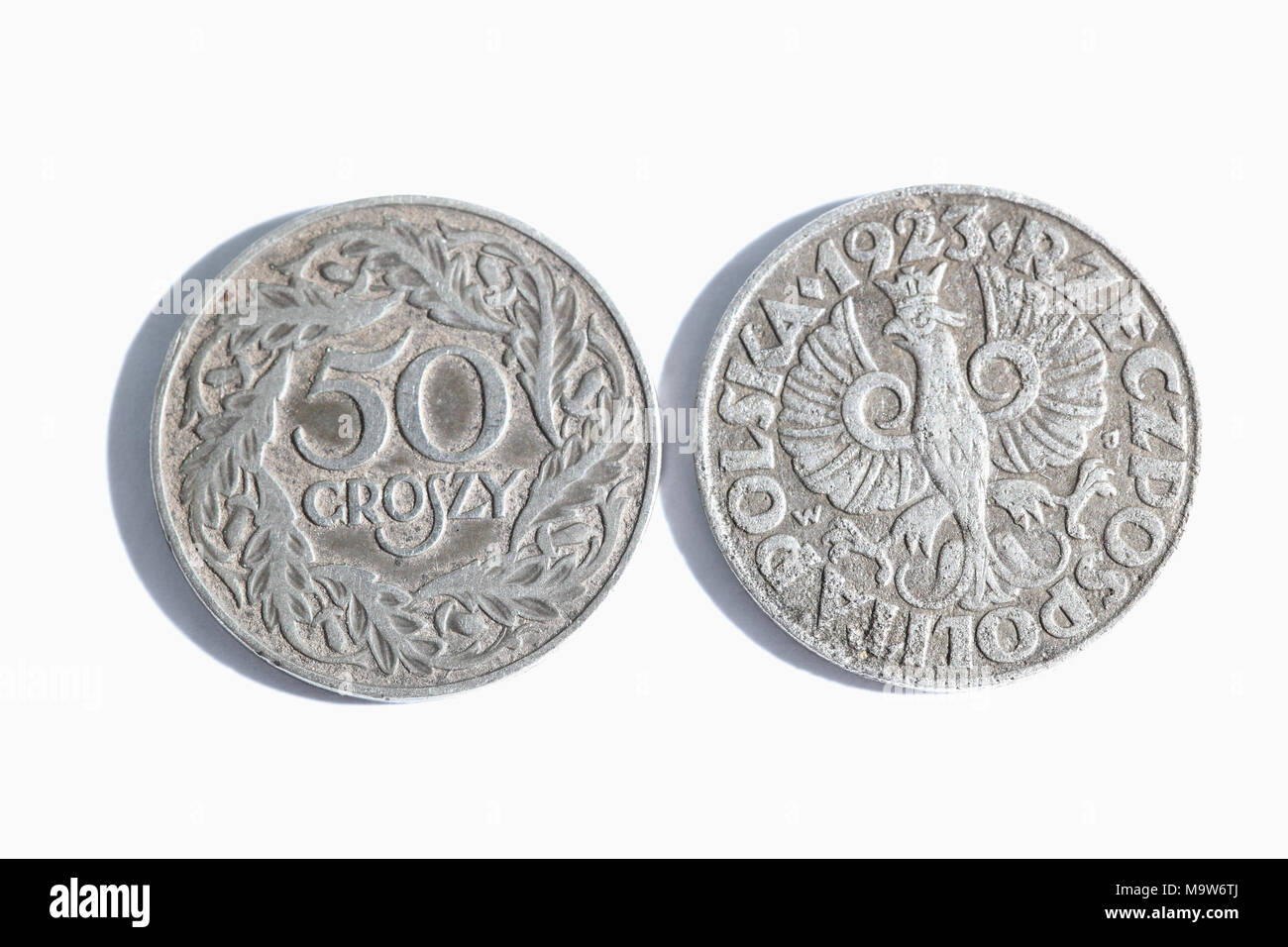 50 Münzen auf einem weißen Hintergrund. Polnische Geld Stockfoto