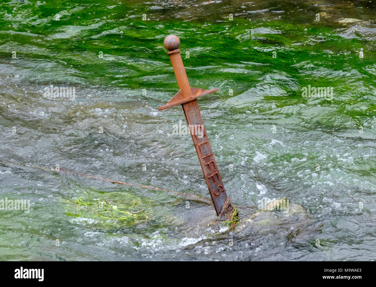 Schwert im Stein im Fluss Cheddar Yeo, cheddar Somerset England Großbritannien Stockfoto