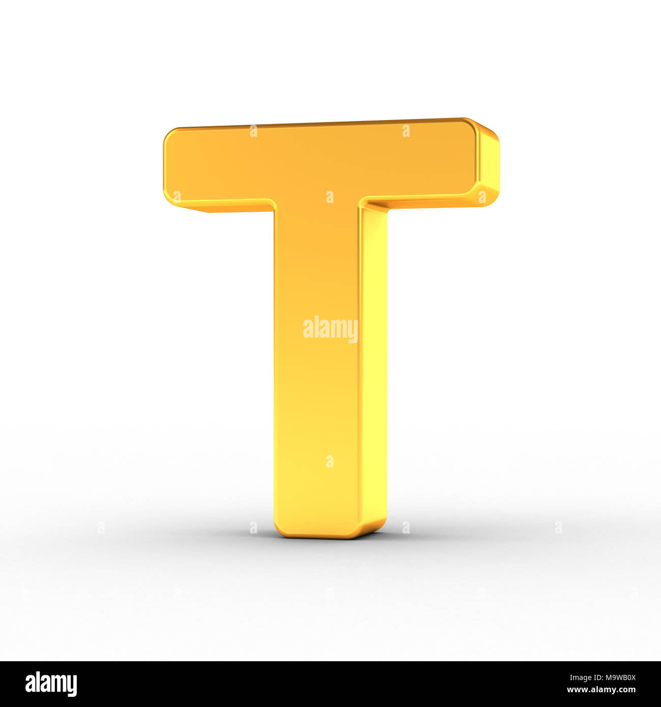 Der Buchstabe "T" als poliertem goldenen Objekt über weißen Hintergrund mit Beschneidungspfad für die schnelle und genaue Isolierung. Stockfoto