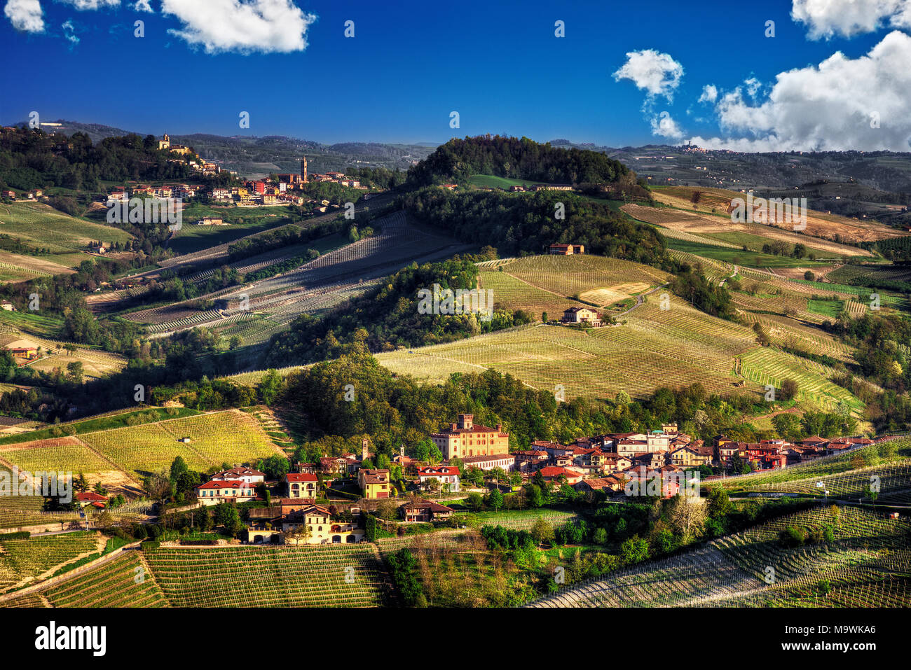 Das Land der Wein - Die Dörfer der Barolo, Monforte d'Alba, in der Produktion, der "König der Weine", dem Barolo. UNESCO-Weltkulturerbe. Stockfoto